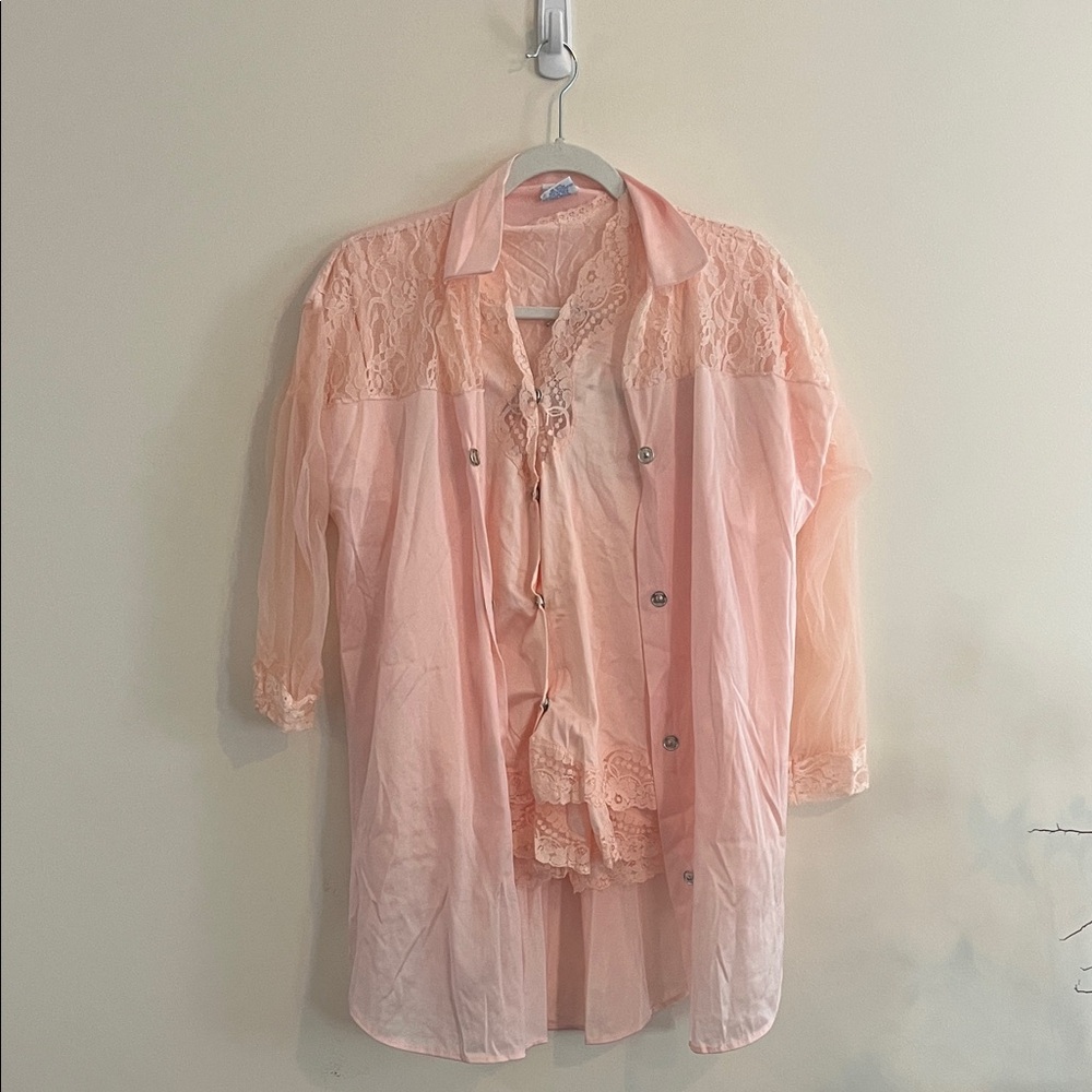 Vintage Jill Andrea Illusions Pajama Set Rober Too Shorts Lace Baby Pink 70s 60s